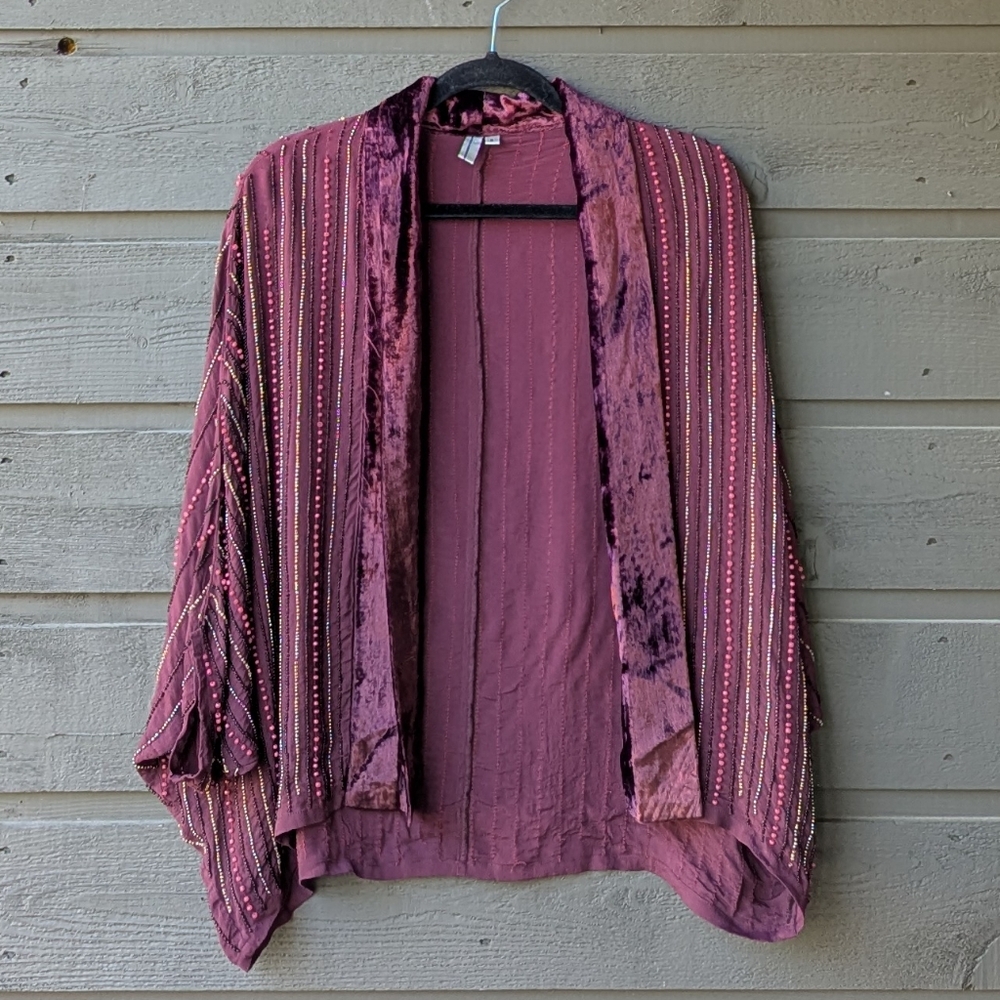 Blank London Burgundy Merlot Red Open Front Beaded Kimono Jacket Size Small